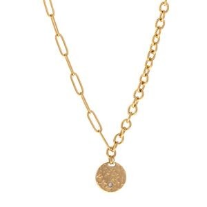 Collier Acier Jaune Motif Martelée Cristal 15mm 45  à 50cm