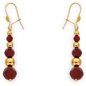 Boucles D'oreilles Or 375 Pendant 45mm Boules 3 à 6mm Cristal Grenat 4 à 8mm