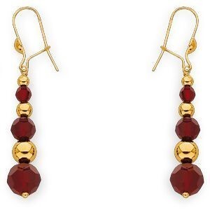 Boucles D'oreilles Or 375 Pendant 45mm Boules 3 à 6mm Cristal Grenat 4 à 8mm