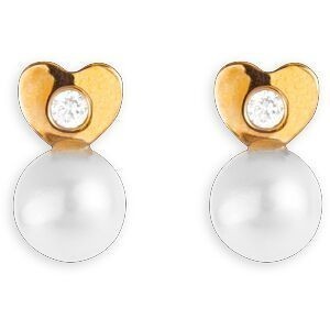 Boucles D'oreilles Or 375 5*7.3mm Cœur Perle Culture 3.5mm Zircon Fermeture Vis