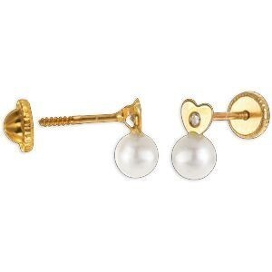 Boucles D'oreilles Or 375 5*7.3mm Cœur Perle Culture 3.5mm Zircon Fermeture Vis