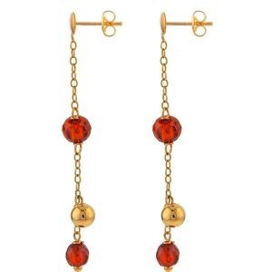 Boucles D'oreilles Or 375 Cristal Orange 5 et 4mm boule 4mm Pend 45mm Chaîne 1.06mm