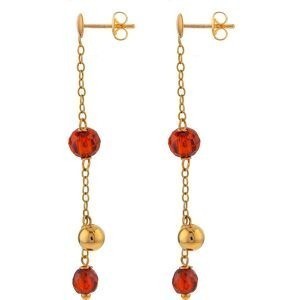 Boucles D'oreilles Or 375 Cristal Orange 5 et 4mm boule 4mm Pend 45mm Chaîne 1.06mm