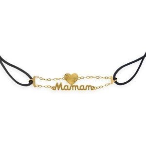 Bracelet Or 375 Cœur 6mm Maman 8.5*3.5mm Cordon Noir 18cm