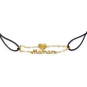 Bracelet Or 375 Cœur 6mm Maman 8.5*3.5mm Cordon Noir 18cm