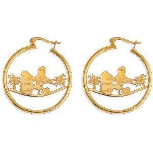 Créoles Acier Jaune 37mm Tube 2mm Carte Guadeloupe Palmiers