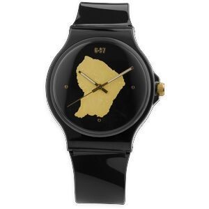 Montre Unisexe 30mm Cadran Noir Carte Guyane Doré Bracelet Plastique Noir 3atm