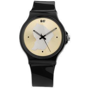 Montre Unisexe 30mm Cadran Doré Carte Guyane Argenté Bracelet Plastique Noir 3atm