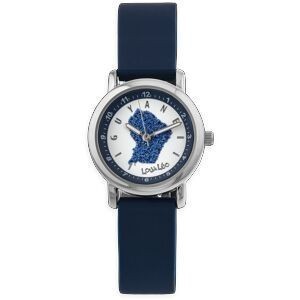 Montre Enfant Carte Guyane Bleu Cadran Blanc 28mm Brac Caoutchouc Bleu 3 Atm