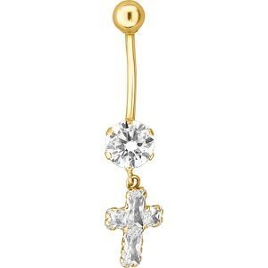 Piercing Nombril Or 375 20mm Tige1.2mm Zircon6mm Croix Zircon8*10mm Boule4mm