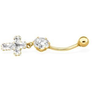 Piercing Nombril Or 375 20mm Tige1.2mm Zircon6mm Croix Zircon8*10mm Boule4mm