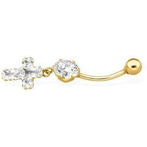 Piercing Nombril Or 375 20mm Tige1.2mm Zircon6mm Croix Zircon8*10mm Boule4mm