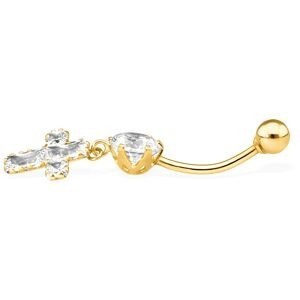 Piercing Nombril Or 375 20mm Tige1.2mm Zircon6mm Croix Zircon8*10mm Boule4mm
