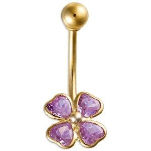 Piercing Nombril Or 375 23mm Tige 1.1mm Boule 4mm Fleur Zircon Rose 6mm