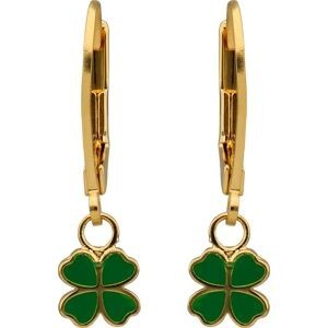 Boucles D'oreilles Plaqué Or Trèfle Email Vert 6mm Pendant 20mm