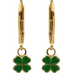 Boucles D'oreilles Plaqué Or Trèfle Email Vert 6mm Pendant 20mm