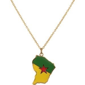 Collier AcierJaune Carte Guyane 25*37mm Avec Bélière Email Multicolore Chaîne2mm 50 à 55cm