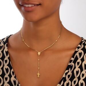 Collier Chapelet Plaqué Or Chaîne 1.5mm Médaille Croix Boules Pendant 100mm 45 cm