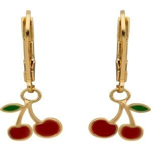 Boucles D'oreilles Plaqué Or Cerises Email Vert Rouge Pendant 25mm