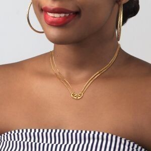 Collier Plaqué Or 2 rangs Motif 3 Anneaux Ovales 7*18mm Chaîne Forçat 2mm 40 à 45cm