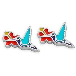 Boucles D'oreilles Argent 925 Email Colibri Hibiscus 10*16mm