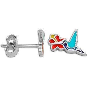 Boucles D'oreilles Argent 925 Email Colibri Hibiscus 10*16mm