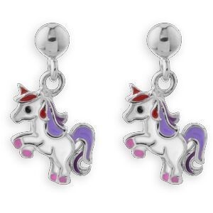 Boucles D'oreilles Licorne Argent 925  Pend 16.5mm Email Blc Violet Rose Rge Noir