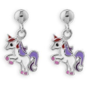 Boucles D'oreilles Licorne Argent 925  Pend 16.5mm Email Blc Violet Rose Rge Noir
