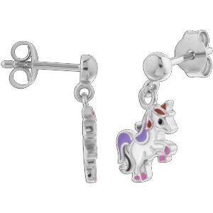 Boucles D'oreilles Licorne Argent 925  Pend 16.5mm Email Blc Violet Rose Rge Noir