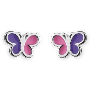 Boucles D'oreilles Papillon Argent 925 8.5*6.5mm Email Rose Violet