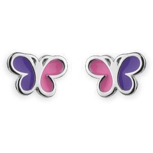 Boucles D'oreilles Papillon Argent 925 8.5*6.5mm Email Rose Violet