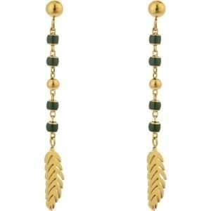 Boucles D'oreilles Acier Jaune Pendant 45mm Boules 3mm Email Vert Feuille 4.5*14mm