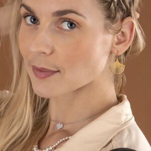 Boucles D'oreilles Acier Jaune Pendant Motif Eventail 30*40mm