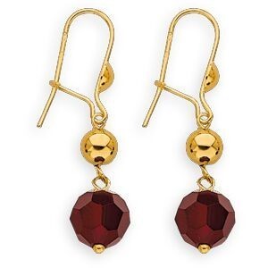 Boucles D'oreilles Or 375 Pendant 30mm Boule 4mm Cristal Grenat 8mm