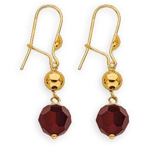 Boucles D'oreilles Or 375 Pendant 30mm Boule 4mm Cristal Grenat 8mm