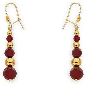Boucles D'oreilles Or 375 Pendant 45mm Boules 3 à 6mm Cristal Grenat 4 à 8mm