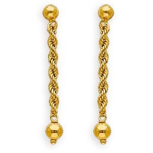 Boucles D'oreilles Or 375 Pendant 30mm Maille Corde 2.2mm Boule 3mm