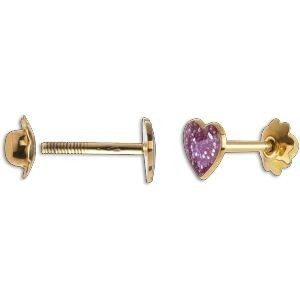 Boucles D'oreilles Or 375 Cœur Rose Pailleté 5mm Fermeture Vis