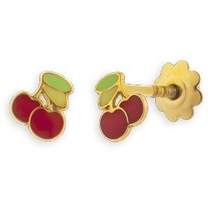 Boucles D'oreilles Or 375 Cerises Email Rouge Vert 4*5.2mm Fermeture Vis