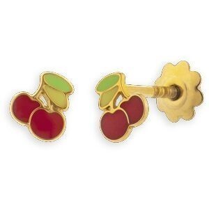 Boucles D'oreilles Or 375 Cerises Email Rouge Vert 4*5.2mm Fermeture Vis