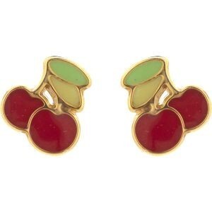 Boucles D'oreilles Or 375 Cerises Email Rouge Vert 4*5.2mm Fermeture Vis