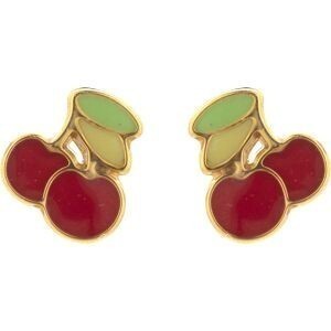Boucles D'oreilles Or 375 Cerises Email Rouge Vert 4*5.2mm Fermeture Vis