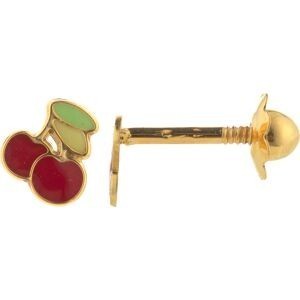 Boucles D'oreilles Or 375 Cerises Email Rouge Vert 4*5.2mm Fermeture Vis