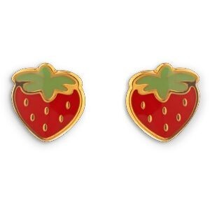 Boucles D'oreilles Or 375 Fraise Email Rouge Vert 4.8*5.1mm Fermeture Vis