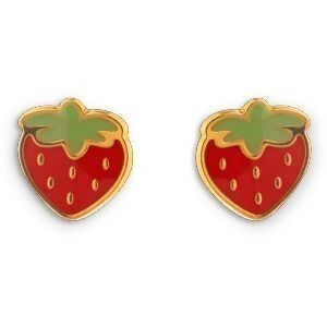 Boucles D'oreilles Or 375 Fraise Email Rouge Vert 4.8*5.1mm Fermeture Vis