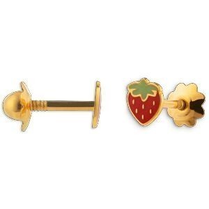Boucles D'oreilles Or 375 Fraise Email Rouge Vert 4.8*5.1mm Fermeture Vis