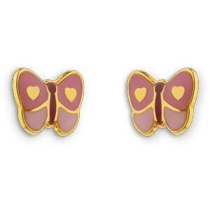 Boucles D'oreilles Or 375 Papillon Email Rose 6*4mm Fermeture Vis