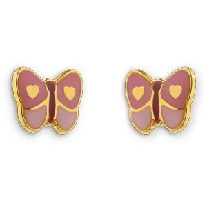 Boucles D'oreilles Or 375 Papillon Email Rose 6*4mm Fermeture Vis