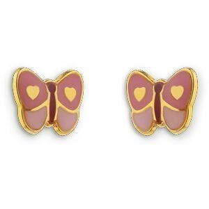 Boucles D'oreilles Or 375 Papillon Email Rose 6*4mm Fermeture Vis
