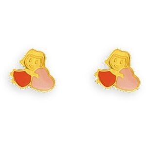 Boucles D'oreilles Or 375 Cœur Laque Rose Rouge 6*5mm
